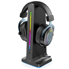 A Photo Of Porodo Gaming RGB Dynamic Sound Lighting Headphone Stand with Cable Storage 300mAh - Black