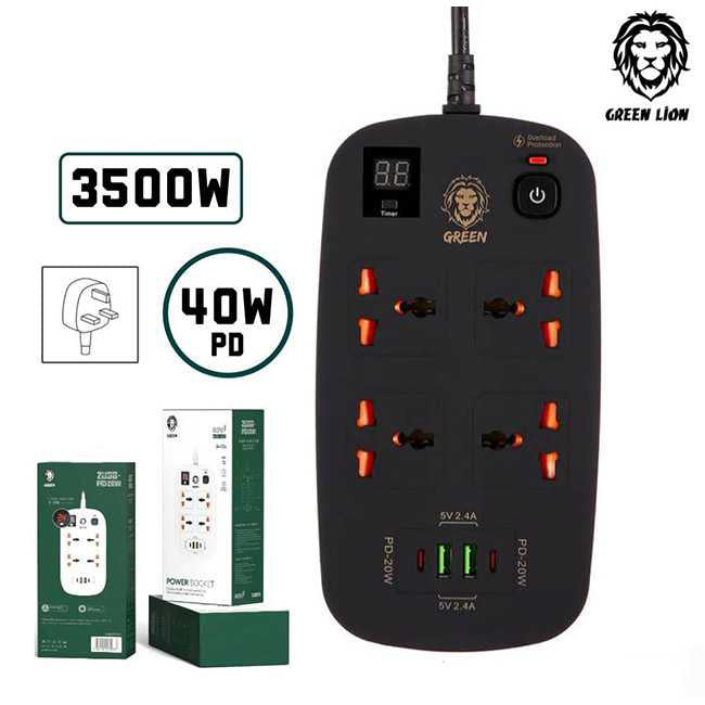 A Photo Of Green Lion 4 AC 2 USB & 2 USB-C PD 40W Multiport Smart Power Socket 3500W (3M) | GNPS2PDBK