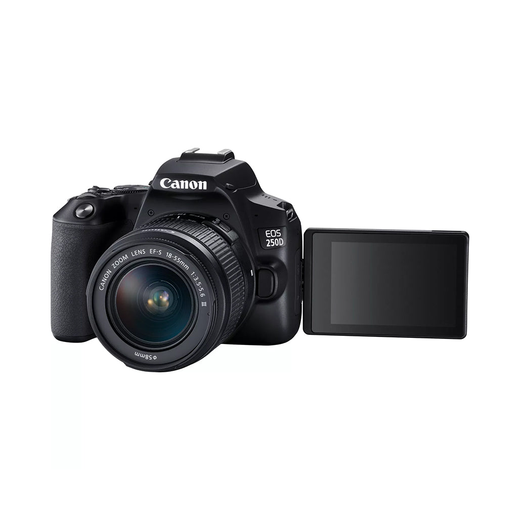 A Photo Of Canon EOS 250D DSLR Camera with EF-S 18-55mm DC III Lens Kit - 24.1MP, 4K UHD Video, Vari-Angle Touchscreen, Wi-Fi & Bluetooth Enabled