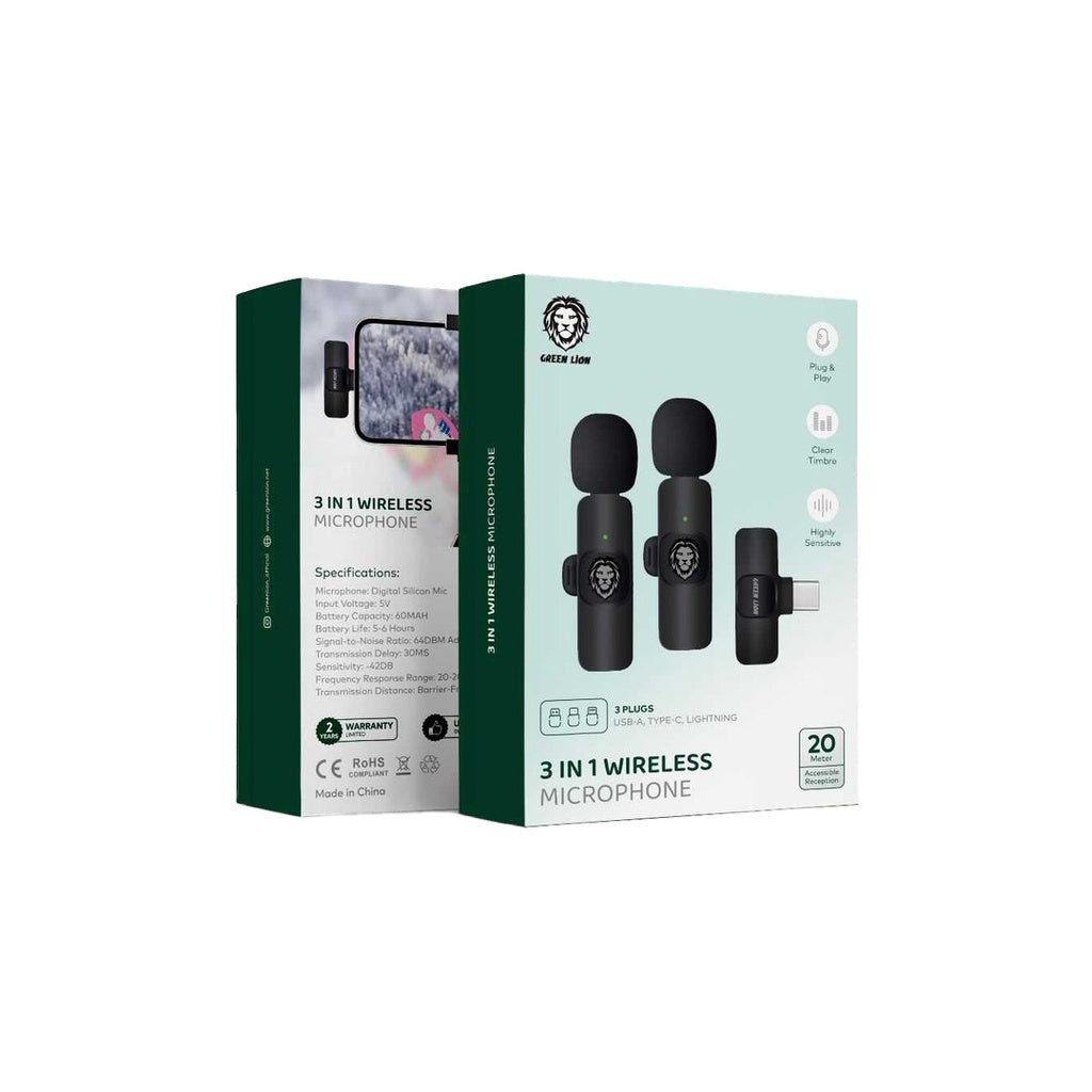 A Photo Of Green Lion 3 in 1 Wireless Microphone - Black | GN3WIRMICPBK