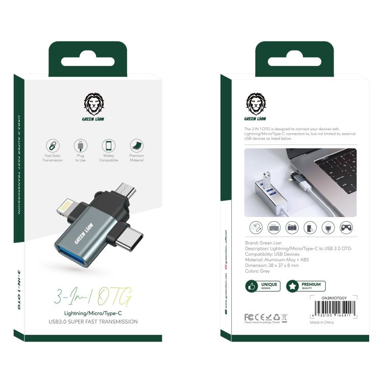 A Photo Of Green Lion 3 in 1 OTG (Lightning / Micro / Type-C) - Gray | GN3IN1OTGGY