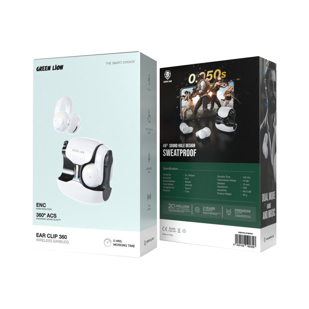 A Photo Of Green Lion Ear Clip 360 Wireless Earbuds - White | GNEARCLP360WH