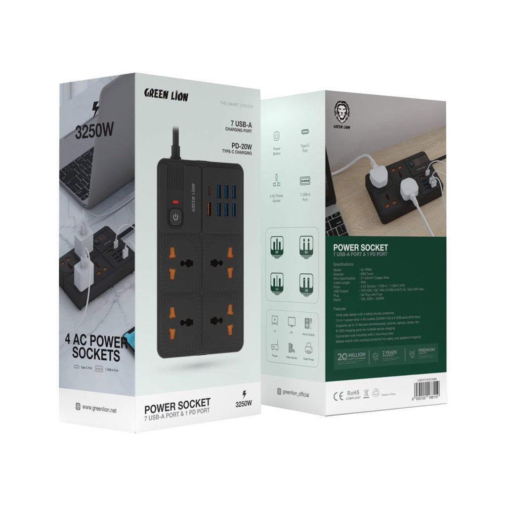 A Photo Of Green Lion UK Power Socket 7 USB-A Port & 1 PD Port - Black | GNPS7UPDUKBK