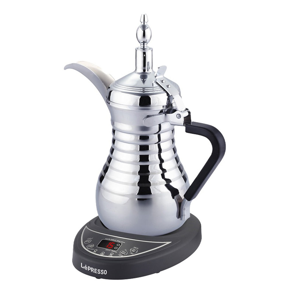 A Photo Of LePresso Automatic Arabic Coffee and Tea Dallah – 750ml Stainless Steel Kettle with Temperature Control and Overheat Protection