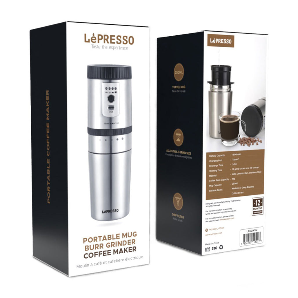 A Photo Of LePresso Portable Burr Grinder Coffee Maker with 250ml Travel Mug – Rechargeable Battery, Adjustable Grind Size