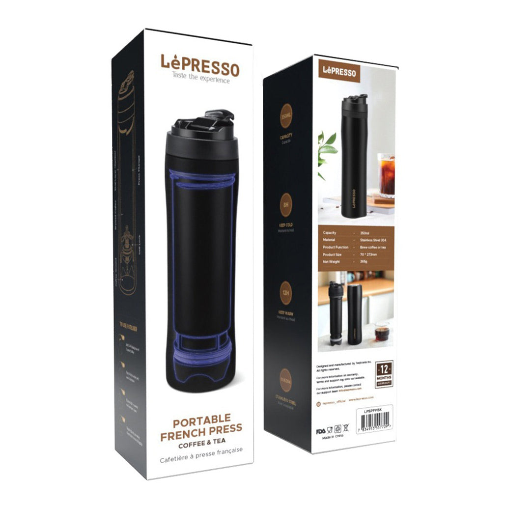 A Photo Of LePresso Black Stainless Steel Portable French Press - 350ml Coffee and Tea Brewer