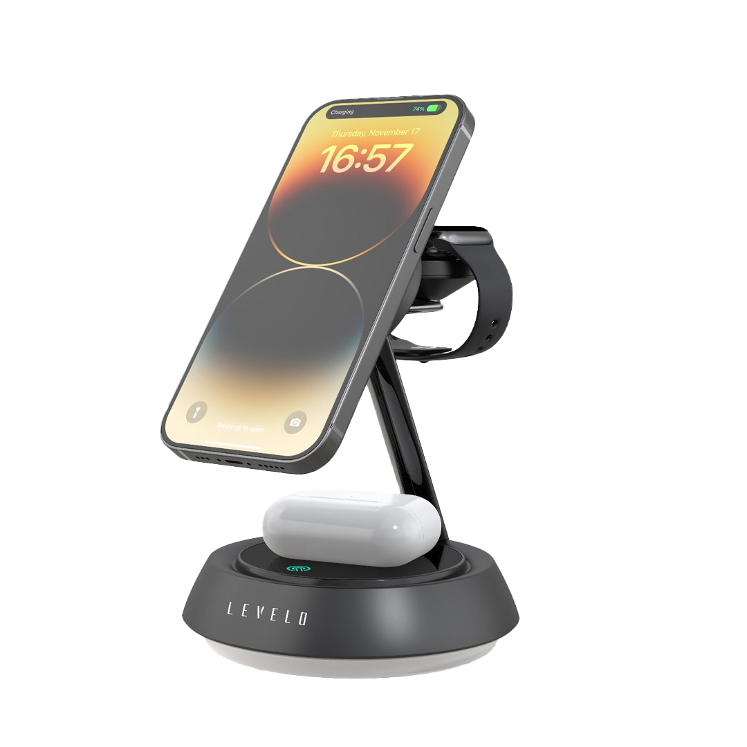 A Photo Of Levelo Sienese 3 In 1 Wireless Charger - Black | LVLSN31WCBK