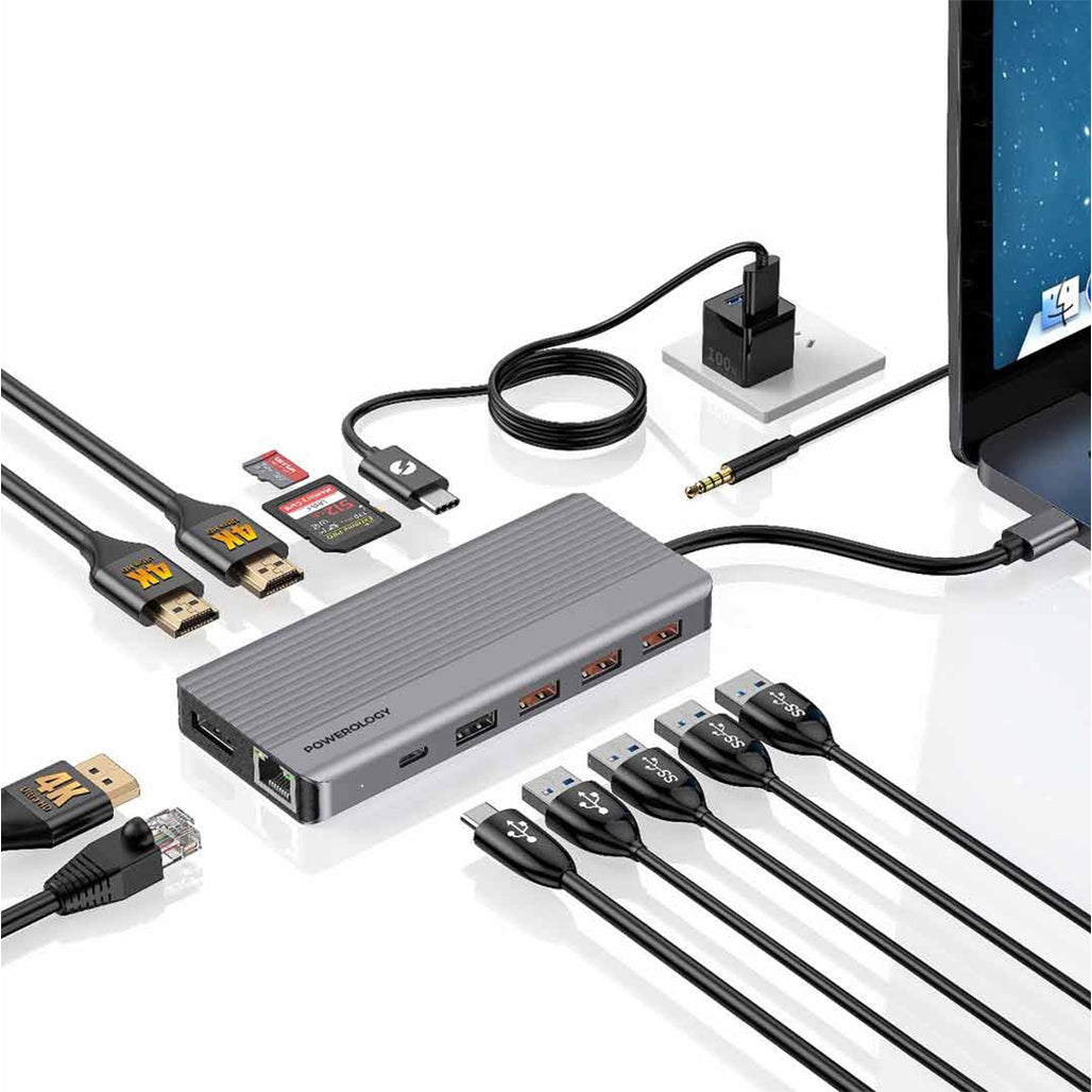 A Photo Of Powerology 13in1 USB-C Hub 4K HDMI Type-C 100W PD Ethernet USB SD MicroSD 3.5AUX | P131HBCGY