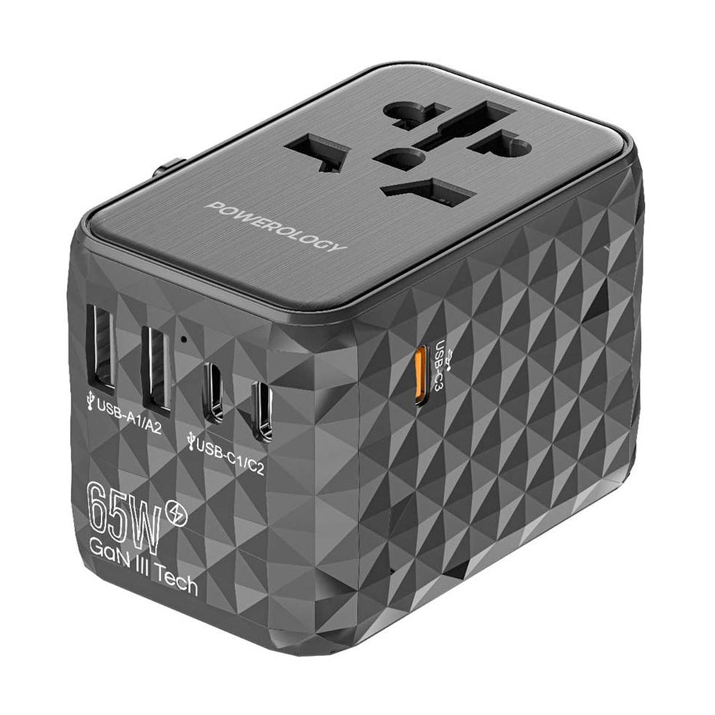 A Photo Of Powerology Universal Multi-Port Travel Adapter PD 65W ( 3X Type-C / 2X USB-A Ports )