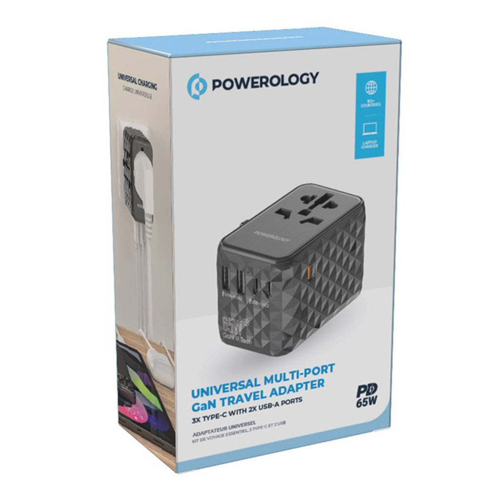 A Photo Of Powerology Universal Multi-Port Travel Adapter PD 65W ( 3X Type-C / 2X USB-A Ports )