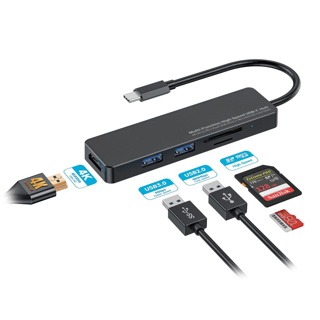 A Photo Of Porodo Blue 5 in 1 USB-C Hub HDMI USB SD MicroSD | PB-51HBC-BK