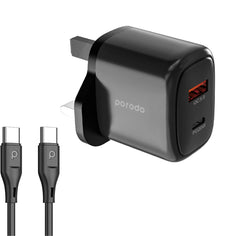 A Photo Of Porodo 20W+QC USB A+C Charger UK with C-C 1.2M Cable - Black | PD-20WACCC-BK