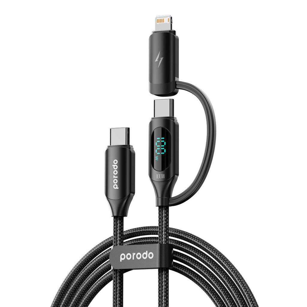 A Photo Of Porodo 2-IN-1 Digital-Display Fast Charging 1.2M Cable C to C+L - Black | PD-2N1C2CL-BK