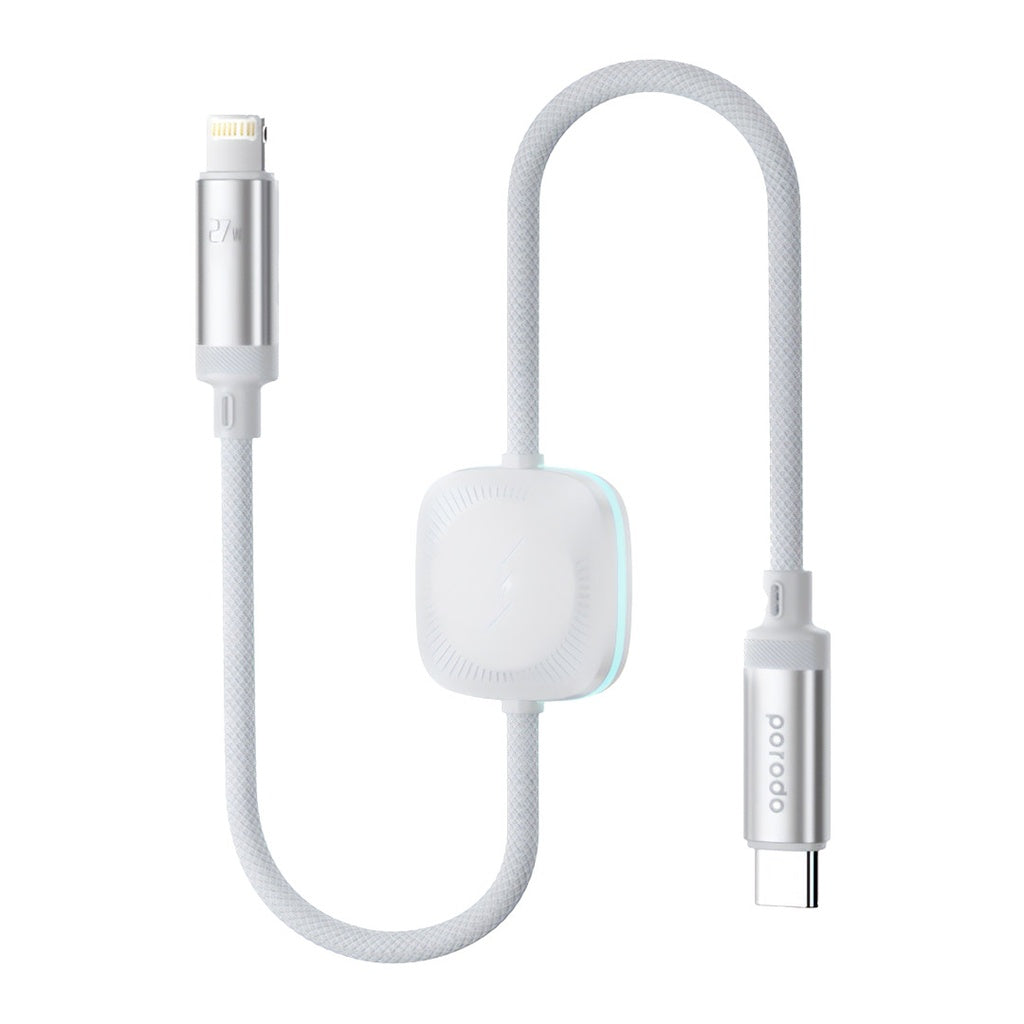 A Photo Of Porodo 2in1 C-L 27W Cable with Wireless Watch Charger 1.2M- White | PD-2N1CLWC-WH