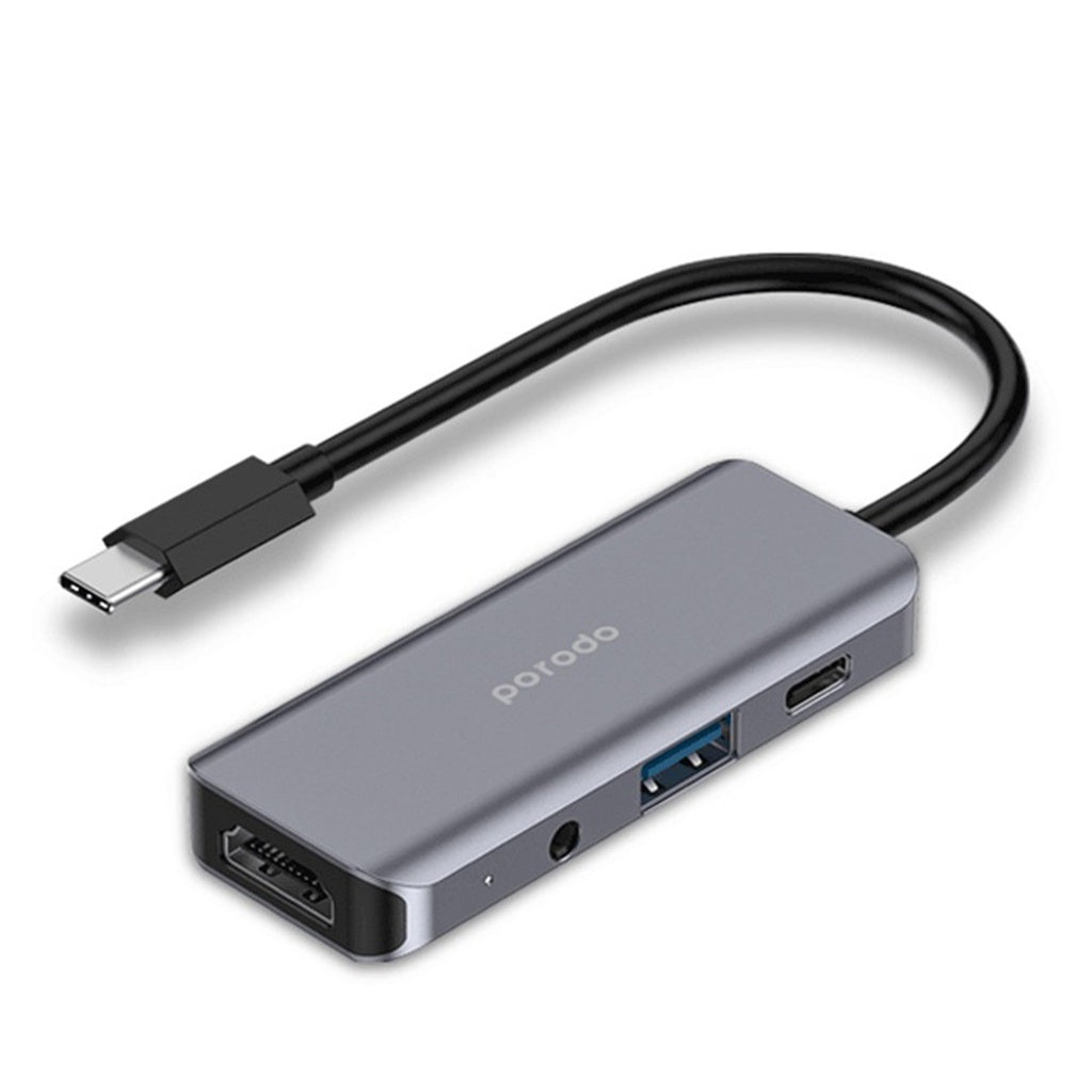 A Photo Of Porodo 4in1 USB-C Hub Type-C PD 100W HDMI USB 3.5mm Aux - Grey | PD-41CHB-GY