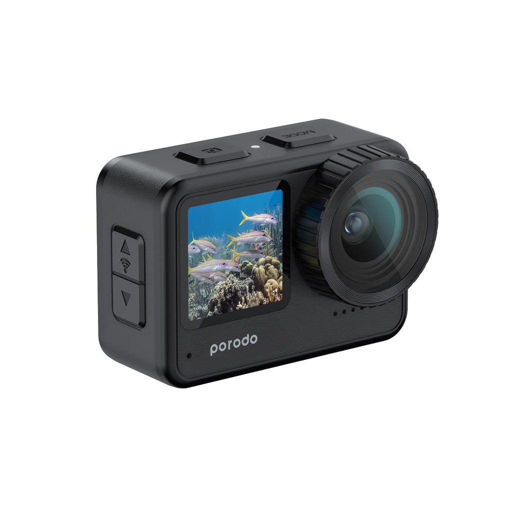 A Photo Of Porodo Lifestyle Fully Waterproof UHD Action Camera Dual Display With Video Stabilisation | PD-5KACAM-BK