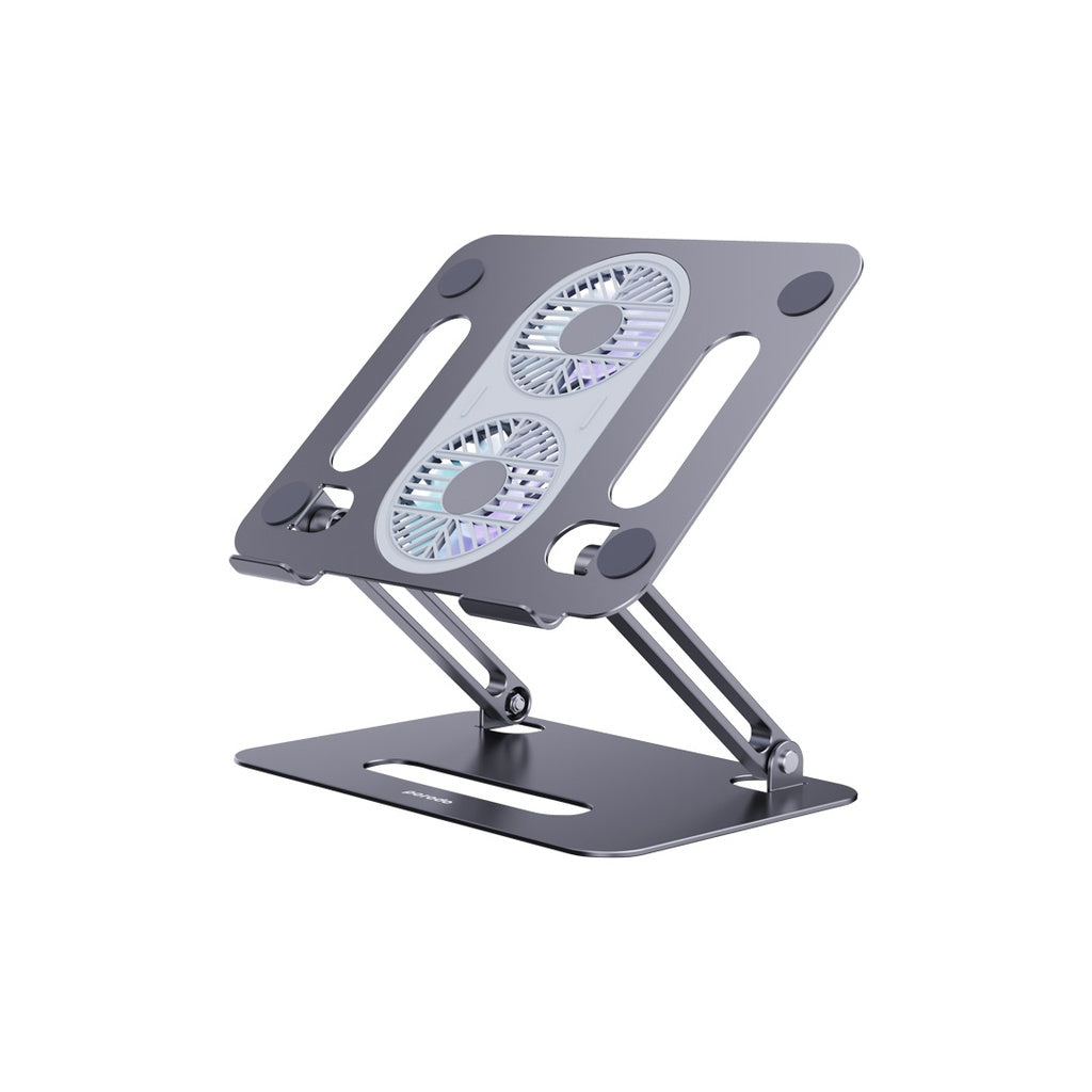 A Photo Of Porodo Alum. alloy Adjustable Laptop Stand with Cooling Fan- Grey | PD-ALSCF-GY