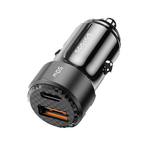 A Photo Of Porodo 50W Dual Port Car Charger PD 20W QC 30W with C to C Cable - Black | PD-CC50WC-BK