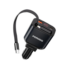 A Photo Of Porodo 105W Car Charger With Retractable Cable and Digital Display - Black | PD-CRD105W-BK