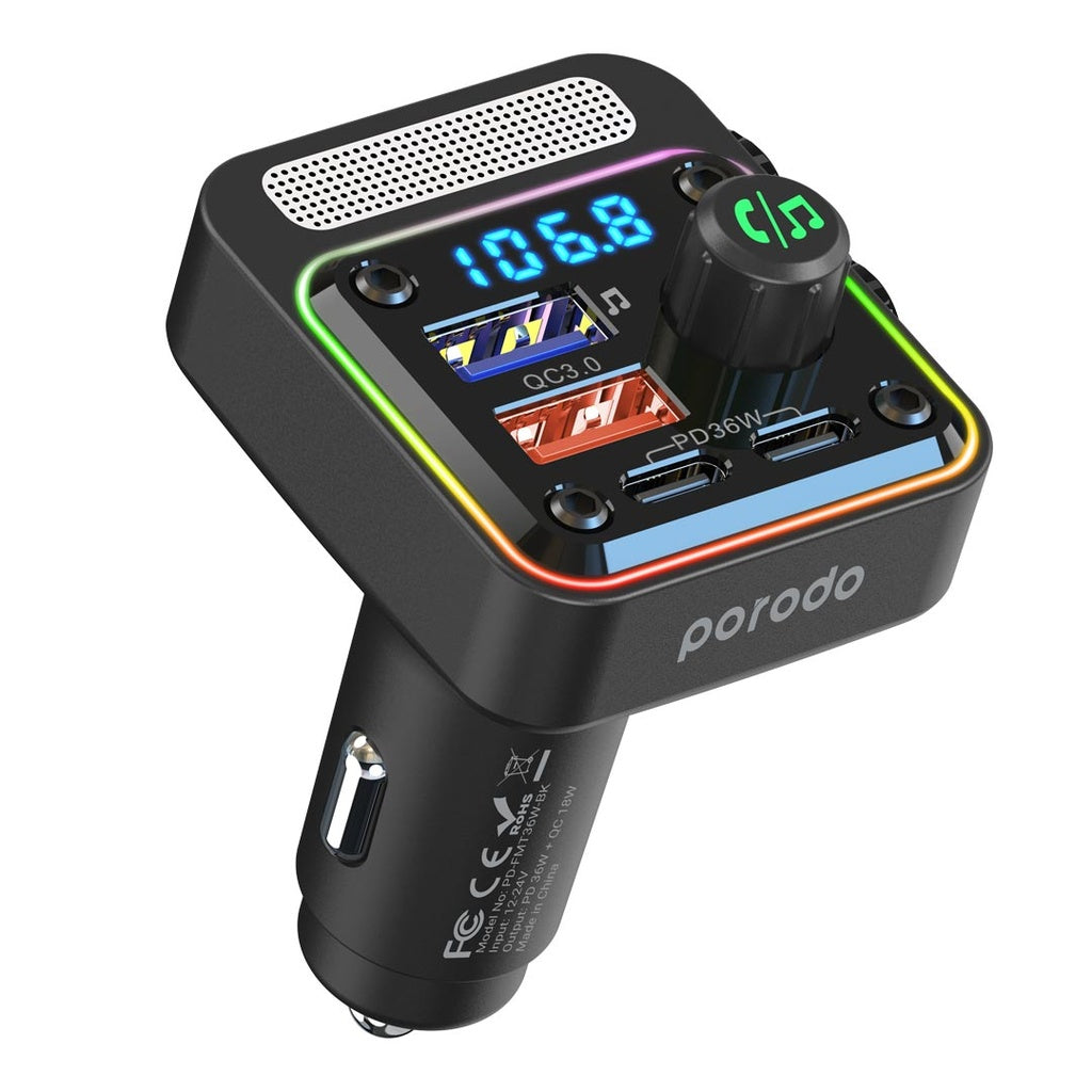 A Photo Of Porodo Quick-Charge FM Car Charger ( Dual USB-C & USB-A ) PD 36W - Black | PD-FMT36W-BK