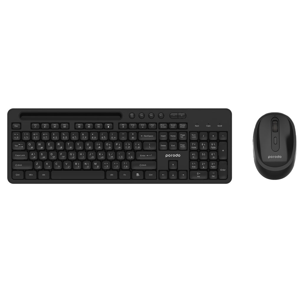 A Photo Of Porodo Wireless 2.4G+BT Keyboard with Pen/Phone Tray and Mouse - Black | PD-W24KBPTM-BK