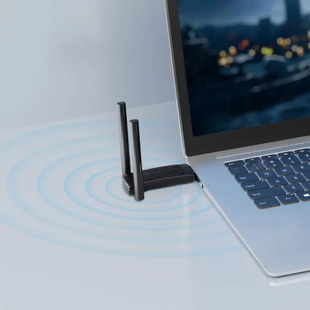 A Photo Of Porodo Dual Band WiFi6 USB Adapter with Additional USB A to Type-C Adaptor and External Antenna - Black | PD-WD6ACE-BK