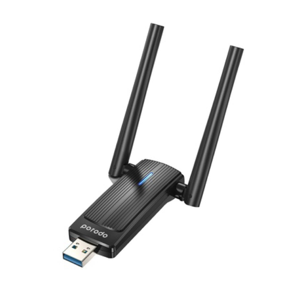 A Photo Of Porodo Dual Band WiFi6 USB Adapter with Additional USB A to Type-C Adaptor and External Antenna - Black | PD-WD6ACE-BK