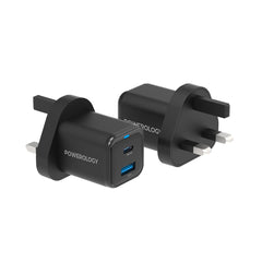 A Photo Of Powerology 35W PD QC 1xUSB-C 35W and 1xUSB-A 18W GaN Charger UK with USB-C Cable