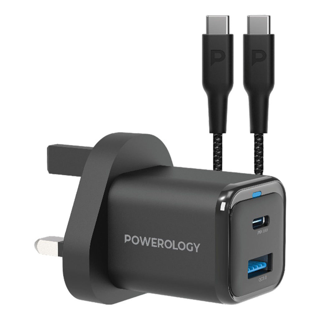 A Photo Of Powerology 35W PD QC 1xUSB-C 35W and 1xUSB-A 18W GaN Charger UK -with Type C to C 60W