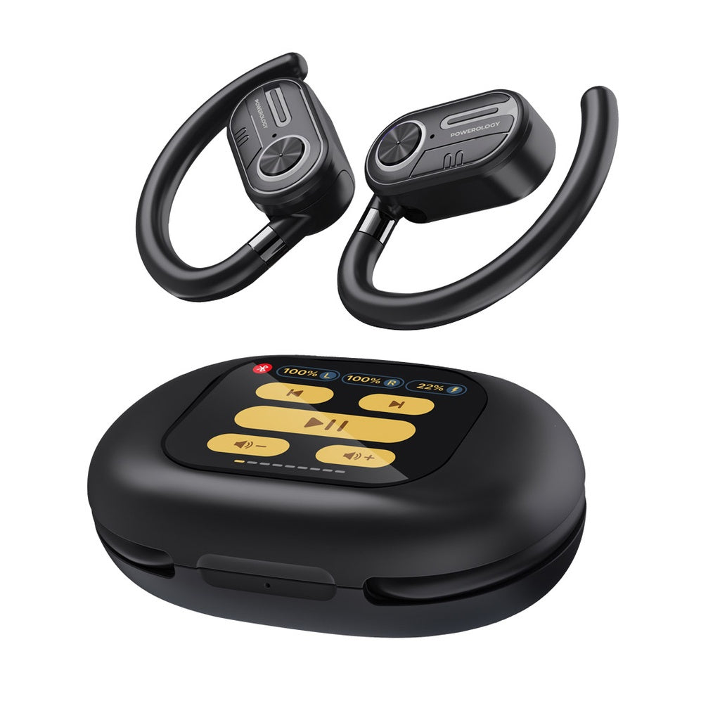 A Photo Of Powerology ENC TWS Air Conduction Earbuds and Charging Case with Display 40mAh8 - Black | PWLAU008