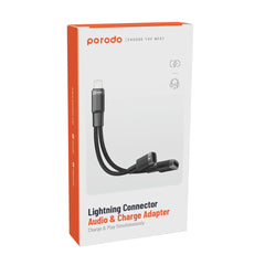 A Photo Of Porodo 2 in 1 Lightning to 2 Lightning AUX and Charging Adapter | PD-LLJHCA-BK