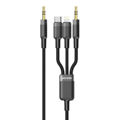 A Photo Of Porodo 3in1 Aux 3.5 to 3.5+C+Lightning Cable 1.2M - Black | PD-AUX3N1-BK