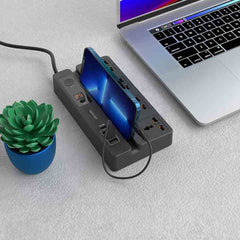 A Photo Of Porodo Multi-Function Socket with Phone Stand and Digital Timer | PD-FWCH007-BK