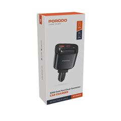 A Photo Of Porodo 105W Car Charger With Retractable Cable and Digital Display - Black | PD-CRD105W-BK