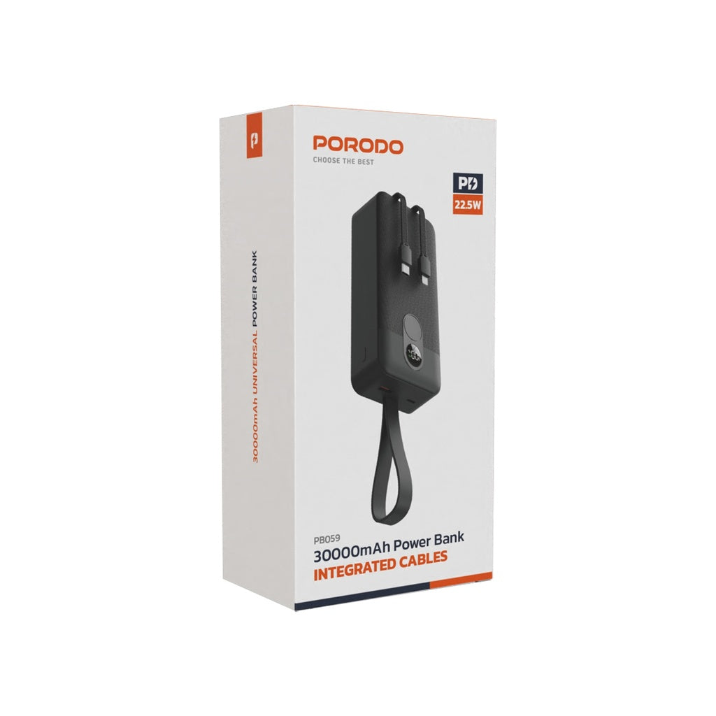 A Photo Of Porodo 30000mAh Power Bank with Integrated Cables - Black | PD-PBFCH059-BK