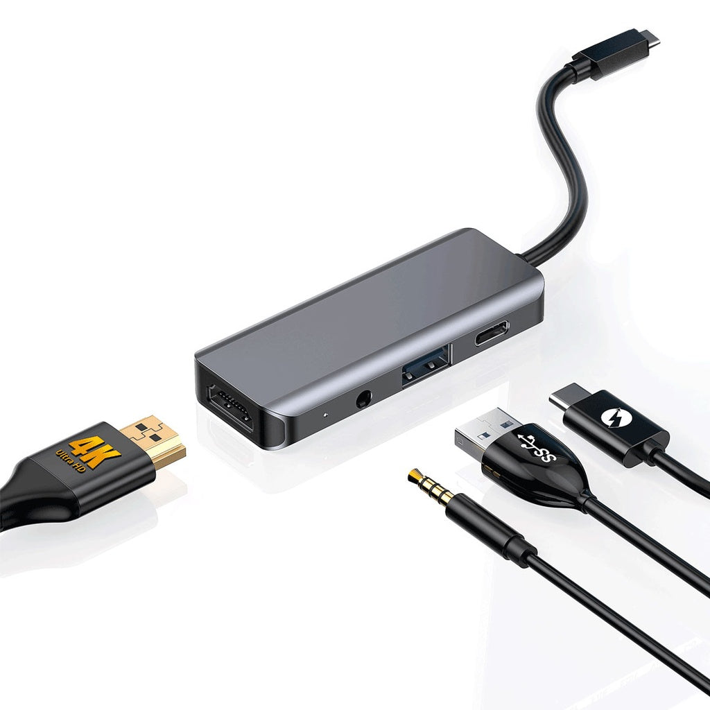 A Photo Of Porodo 4in1 USB-C Hub Type-C PD 100W HDMI USB 3.5mm Aux - Grey | PD-41CHB-GY