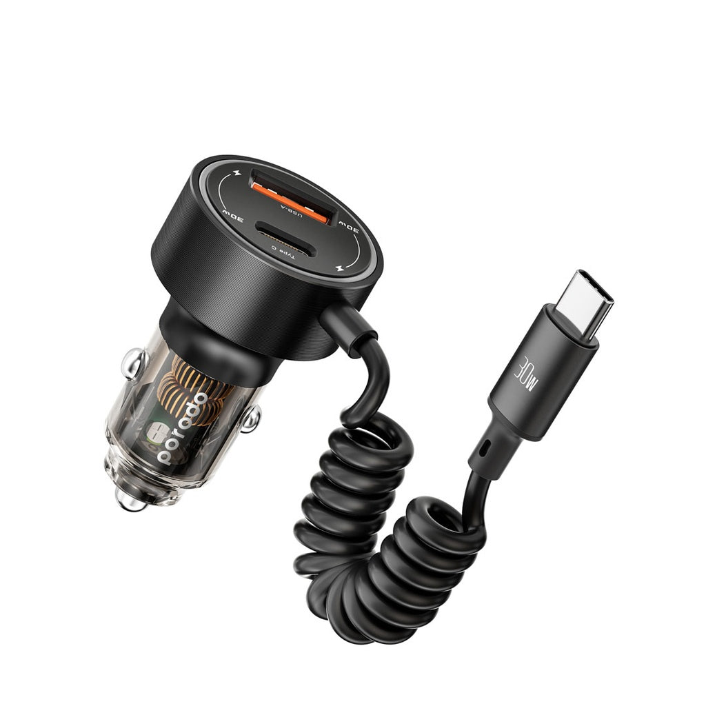 A Photo Of Porodo 60W Transparent Dual Port Car Charger PD 30W QC 18W with Coil