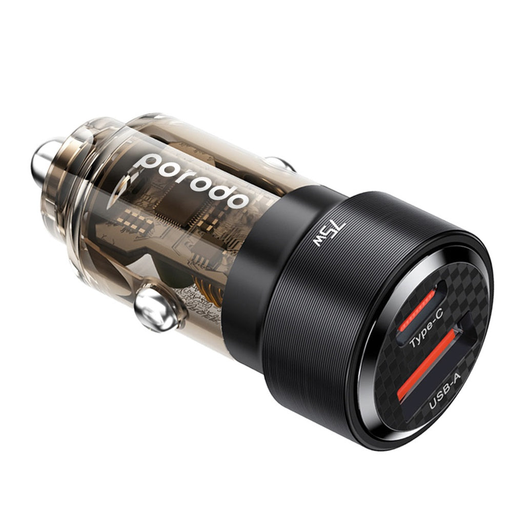 A Photo Of Porodo 75W Transparent Dual Port Car Charger PD 45W QC 30W | PD-75TDCC-BK