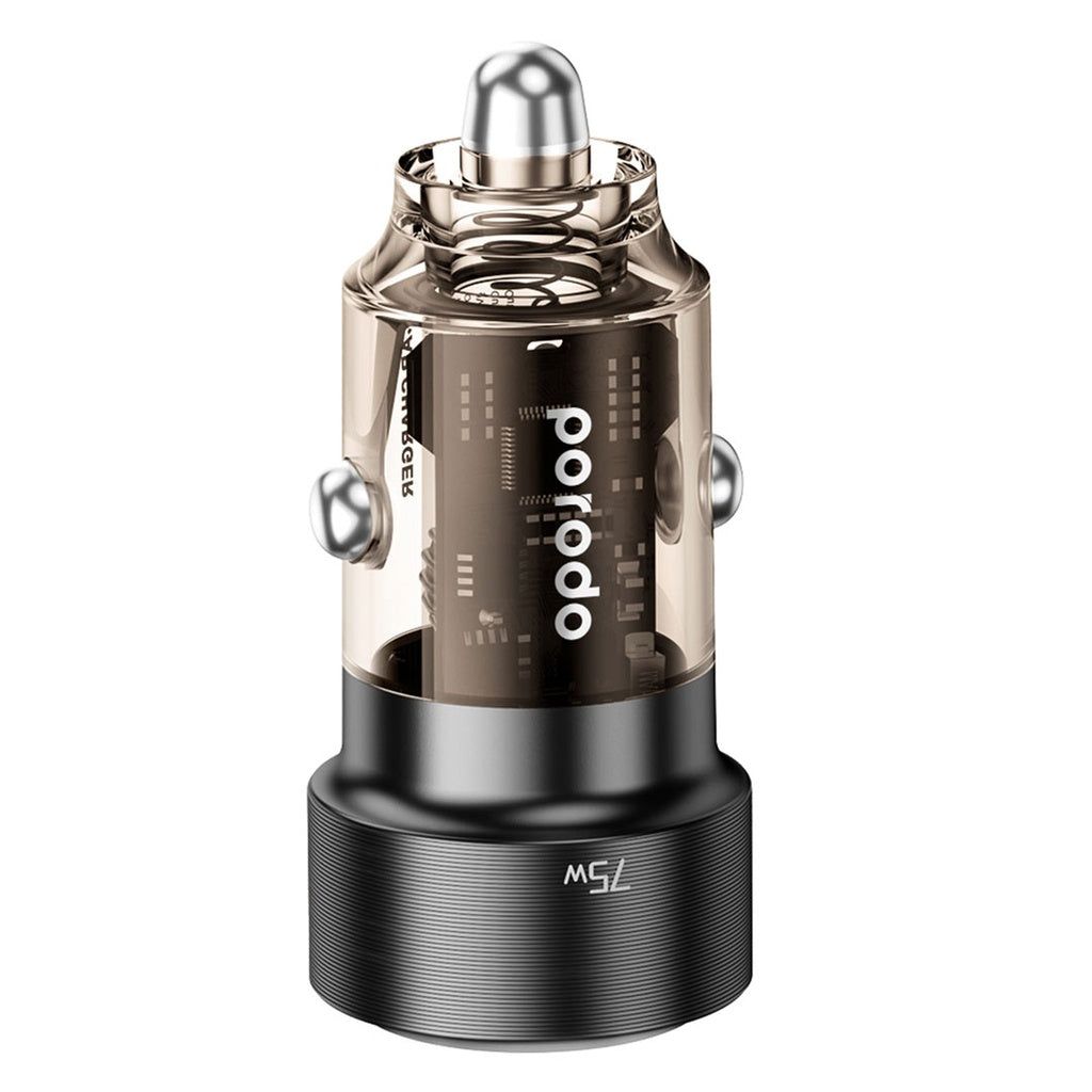 A Photo Of Porodo 75W Transparent Dual Port Car Charger PD 45W QC 30W | PD-75TDCC-BK