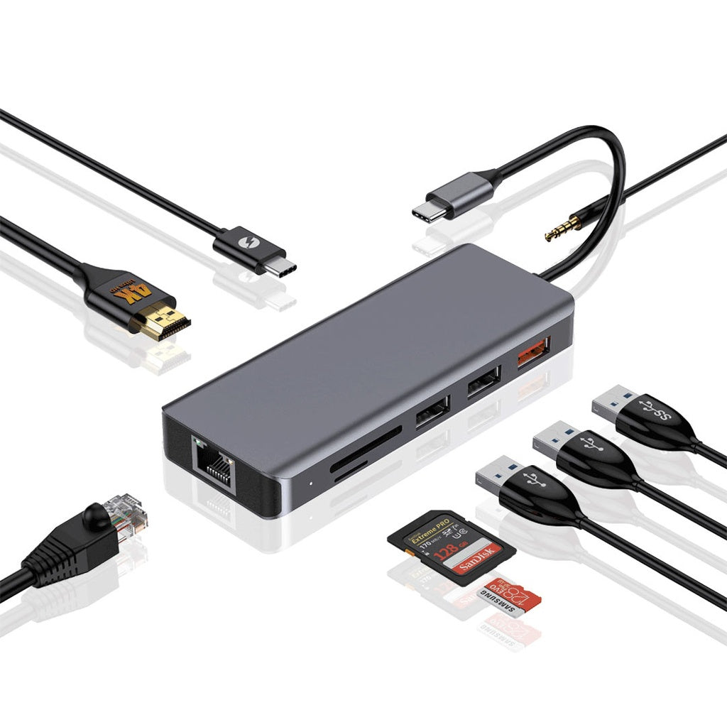 A Photo Of Porodo 9in1 USB-C Hub Type-C PD 100W HDMI Ethernet USB SD Card 3.5mm Aux - Grey | PD-91CHB-GY