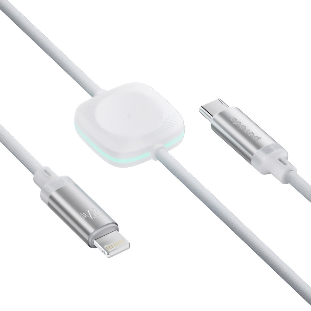 A Photo Of Porodo 2in1 C-L 27W Cable with Wireless Watch Charger 1.2M- White | PD-2N1CLWC-WH