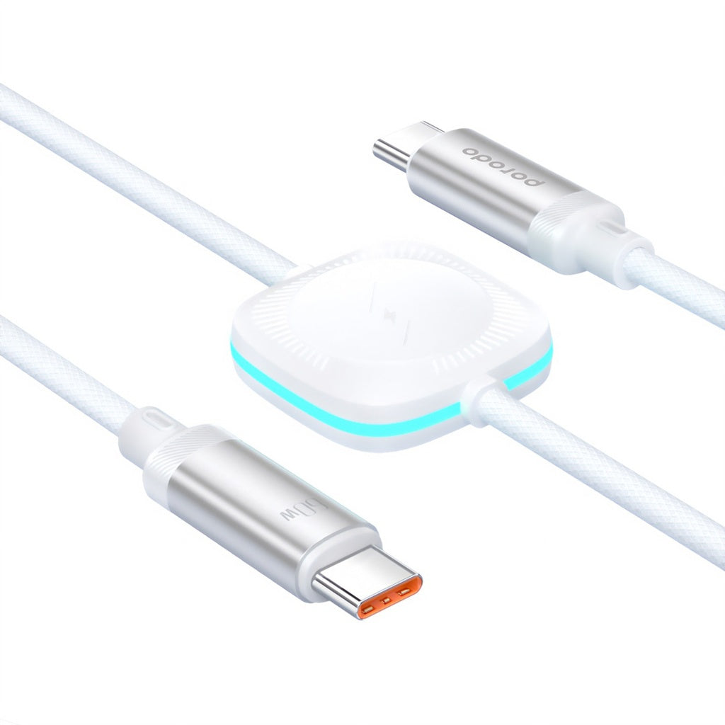 A Photo Of Porodo 2in1 USB-C to USB-C 60W Cable with Wireless Watch Charger 1.2M - White | PD-2N1CCWC-WH