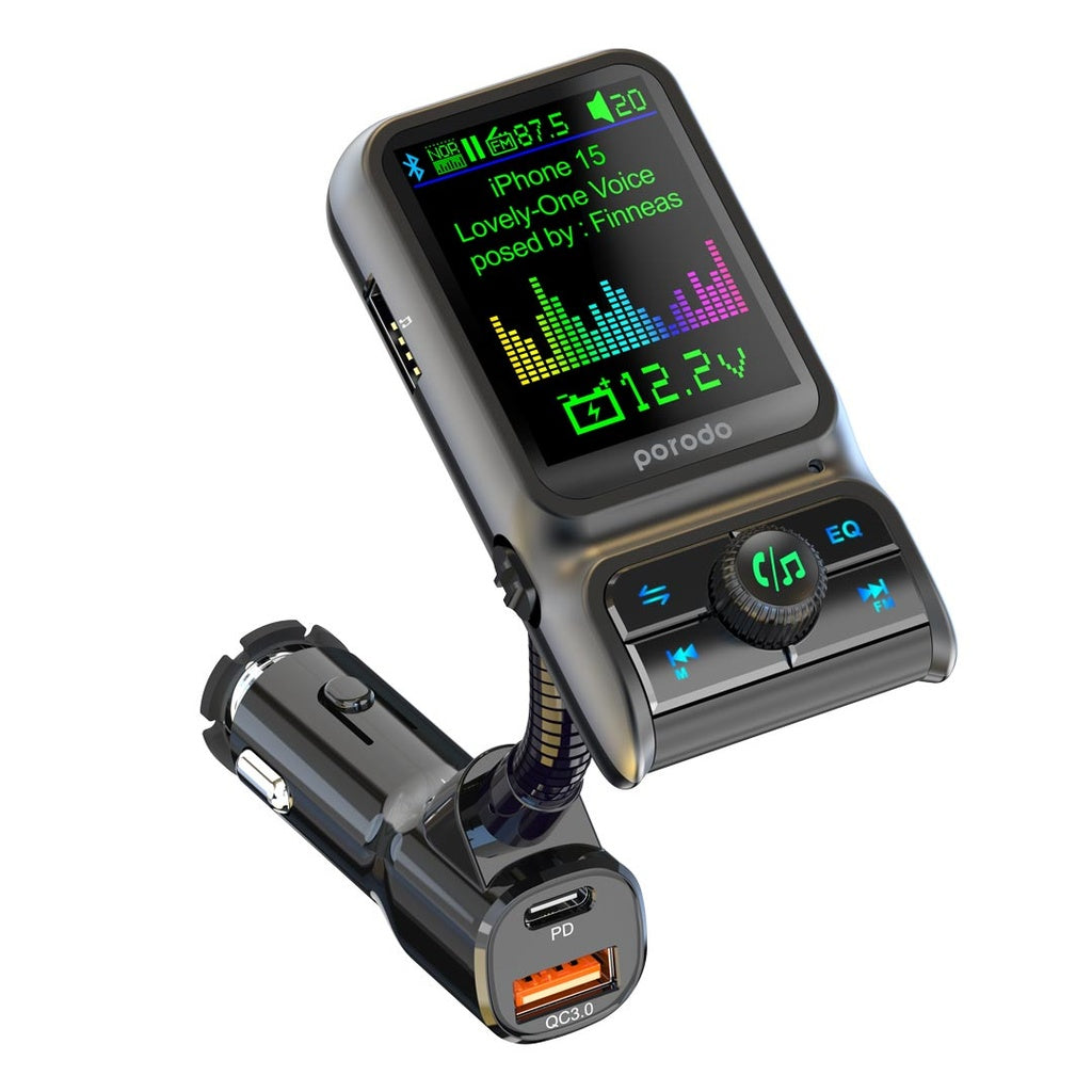 A Photo Of Porodo Dual Port Car Charger FM Transmitter PD 36W QC 18W - Black | PD-FM36WCC-BK