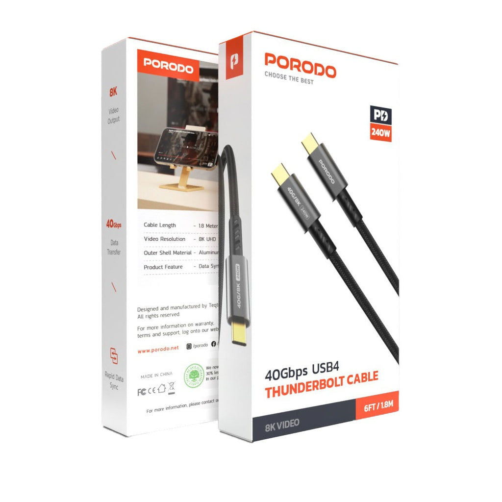 A Photo Of Porodo Woven TypeC-C Cable 240w 40gbps 8K 60hz - Black | PD-WCC240W-BK