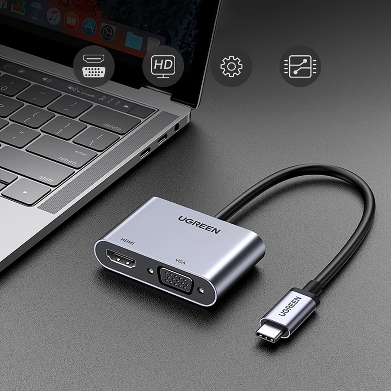 A Photo Of Ugreen USB-C to HDMI + VGA Adapter with PD - Space Gray | CM162