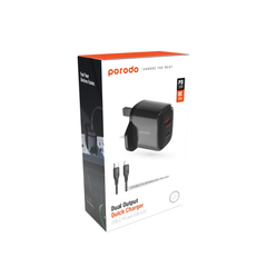 A Photo Of Porodo 20W+QC USB A+C Charger UK with C-Lightning 1.2M Cable - Black | PD-20WACCL-BK