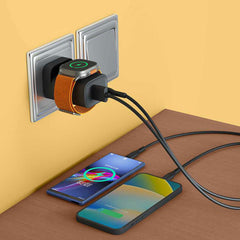 A Photo Of Porodo Dual Port Multi-Device Wall Charger With Integrated Watch Charger | PD-FWCH016-BK