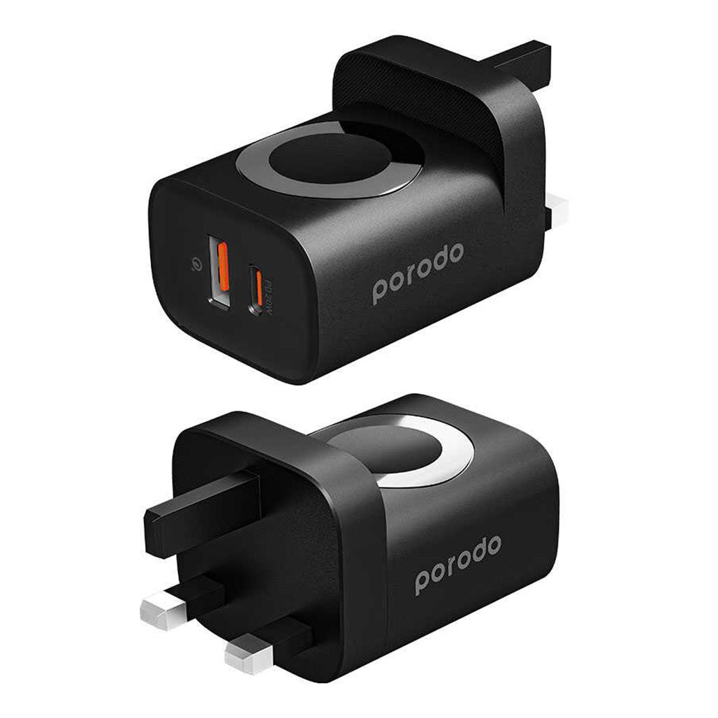 A Photo Of Porodo Dual Port Multi-Device Wall Charger With Integrated Watch Charger | PD-FWCH016-BK