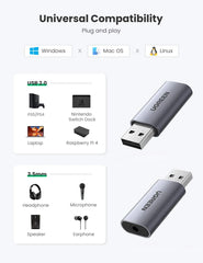 A Photo Of UGREEN USB to Audio Jack USB External Sound Card 3.5mm Audio Adapter | CM383